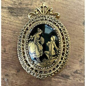 Vintage 60s Florenza Brooch Gold Tone Black Glass Courting Couples Filigree Pin